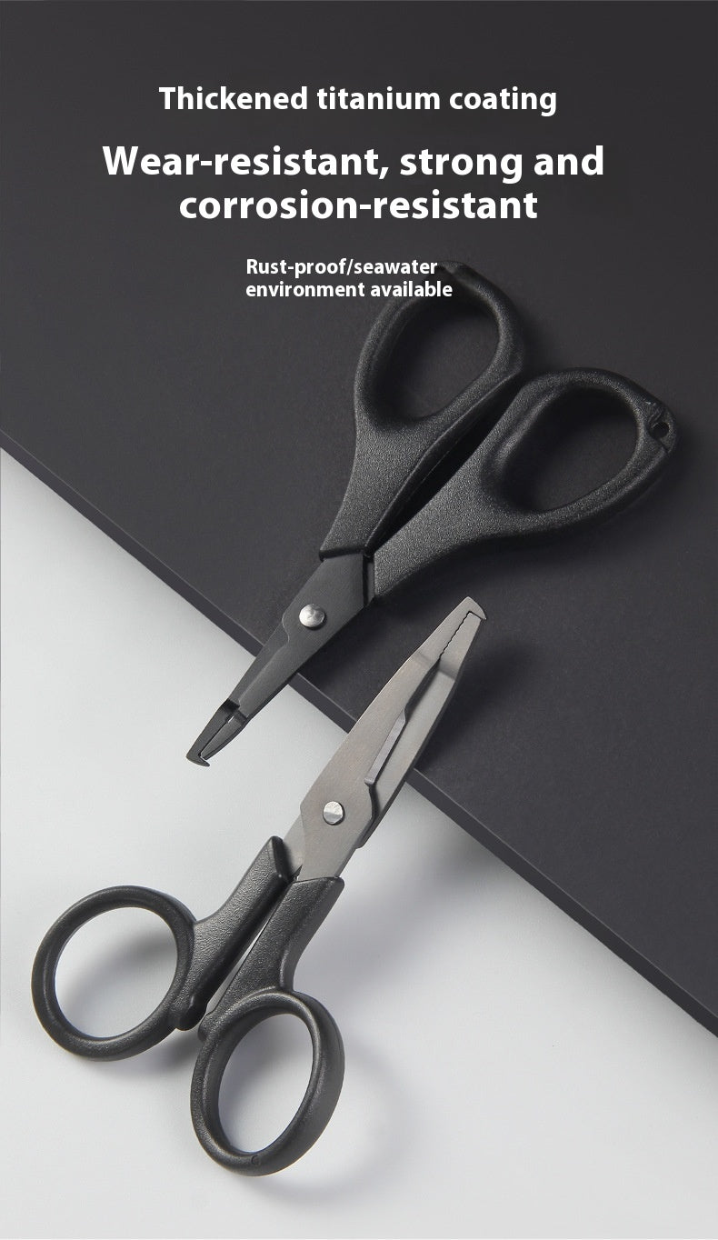 Titanium Coated Multi-Function Lure Fishing Scissors Wholesale Cutting Line PE Line Loop Opening Hook Tying Pliers with Safety Rope