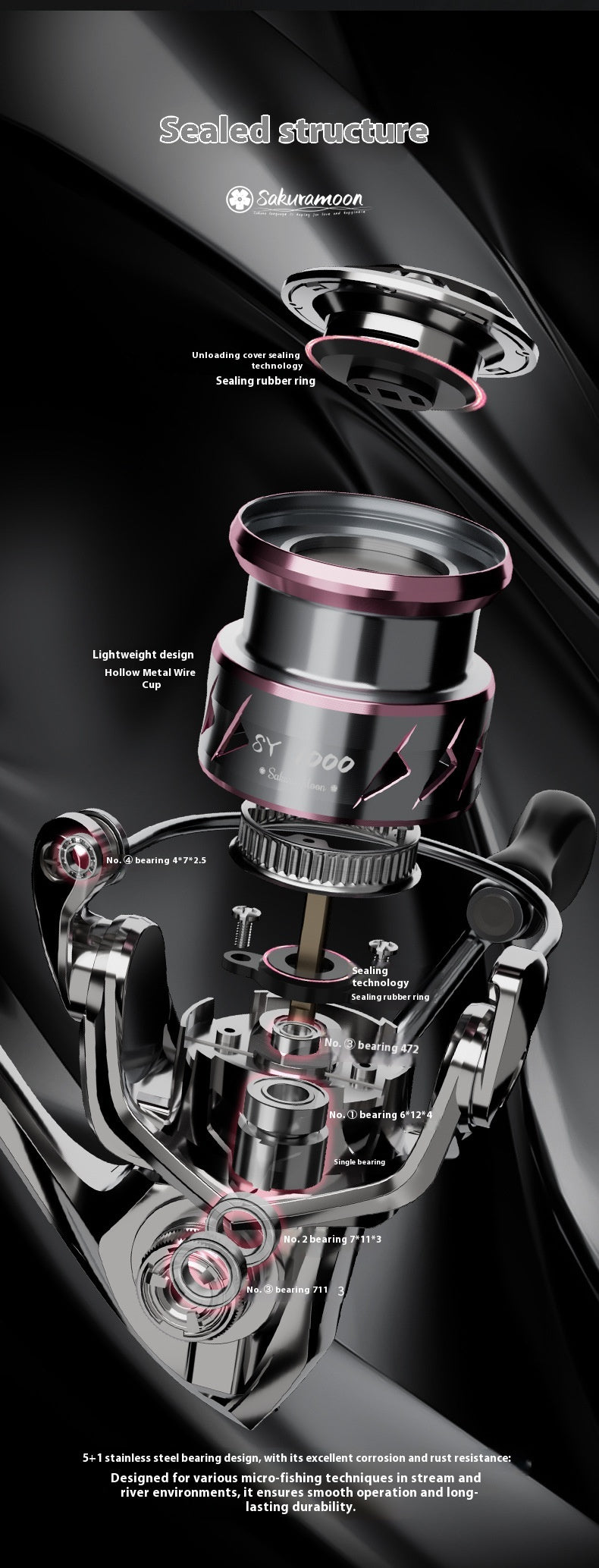 121g Carbon Micro Spinning Reel Sakura Moon Fishing Lure Reel 5.2:1 Gear Ratio Electroplated Fishing Reel