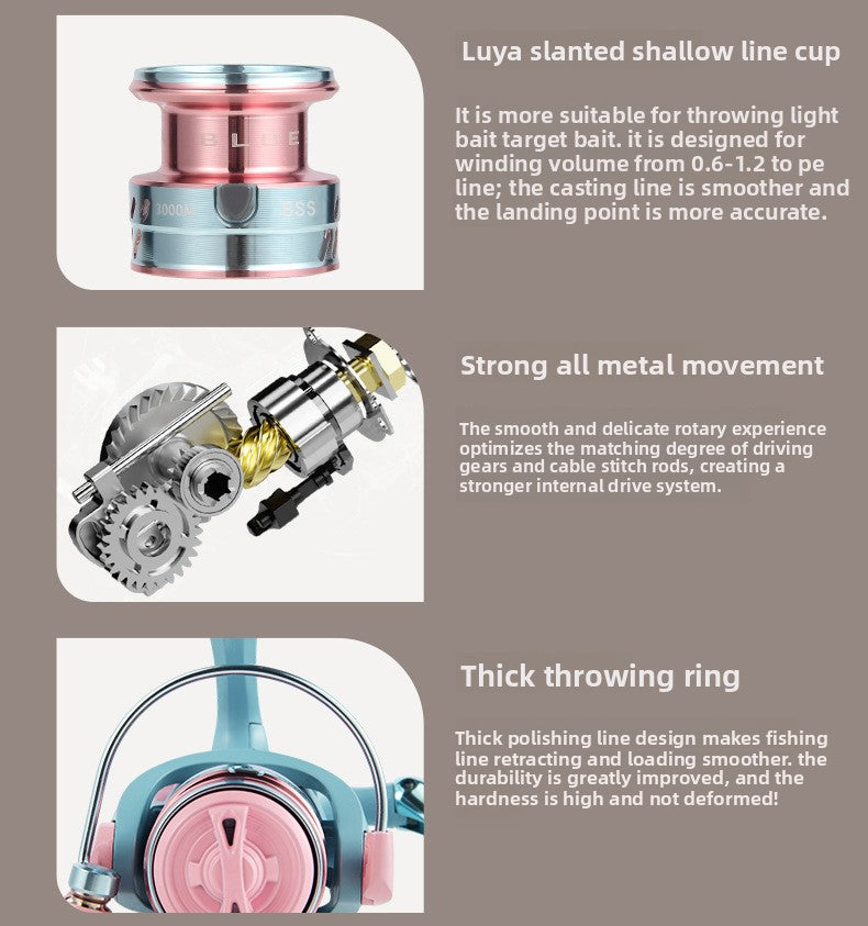 Macaron Spinning Wheel Micro Fishing Reel Wholesale Shallow Line Cup 1500S Fishing Reel Gapless Lure Reel 5.2:1