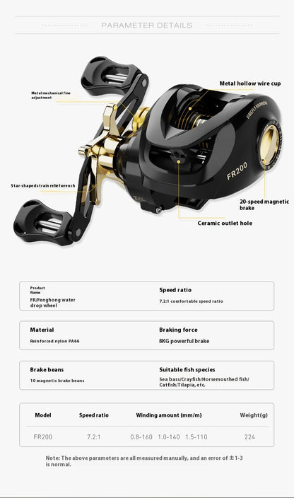 Electroplated Universal Water Drop Reel Lure Casting Fishing Reel with Drag Alarm 7.2:1 Metal Fishing Reel