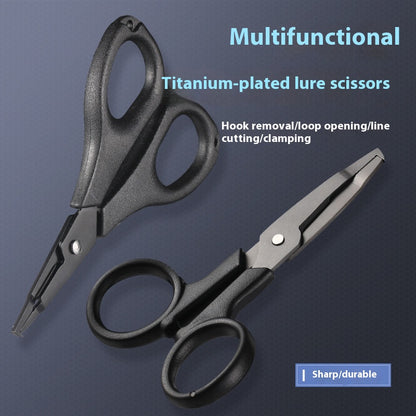 Titanium Coated Multi-Function Lure Fishing Scissors Wholesale Cutting Line PE Line Loop Opening Hook Tying Pliers with Safety Rope