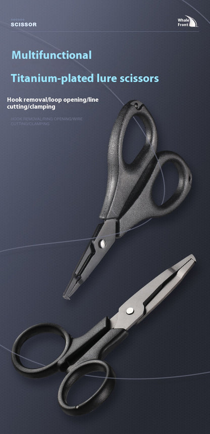 Titanium Coated Multi-Function Lure Fishing Scissors Wholesale Cutting Line PE Line Loop Opening Hook Tying Pliers with Safety Rope