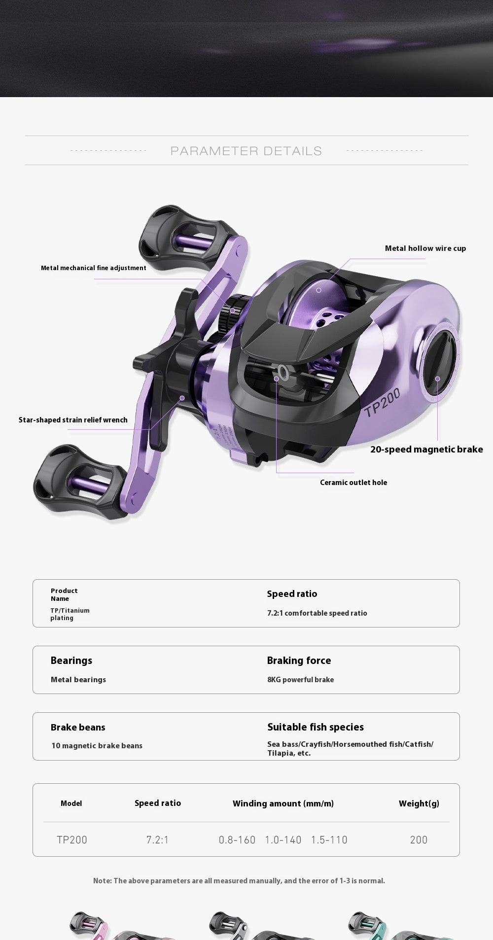 Lure Baitcasting Reel Wholesale 7.2:1 Fishing Reel with Drag Alarm Black Fishing Reel Long Casting Fishing Reel Fishing Line Reel TP