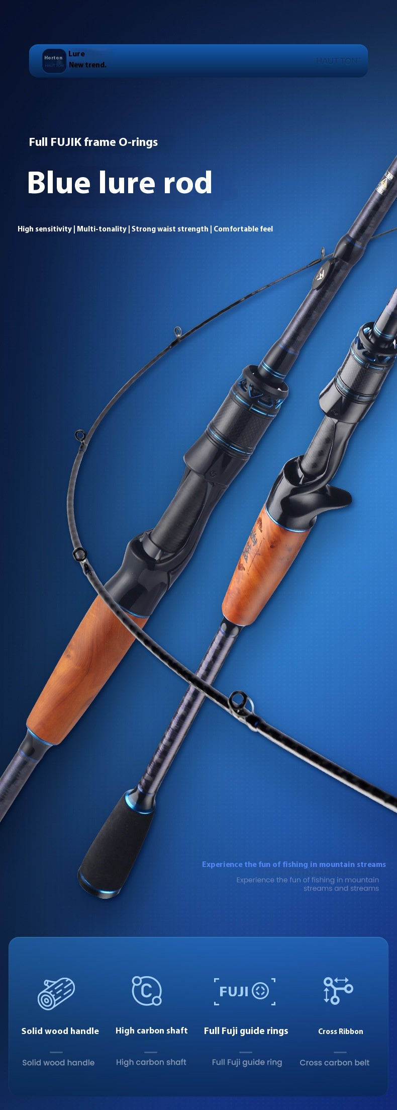 Full Fuji O-Ring ML Hardness 1.98m Long Casting Lure Rod Solid Wood Handle Cross Carbon Swordfish Rod Wholesale